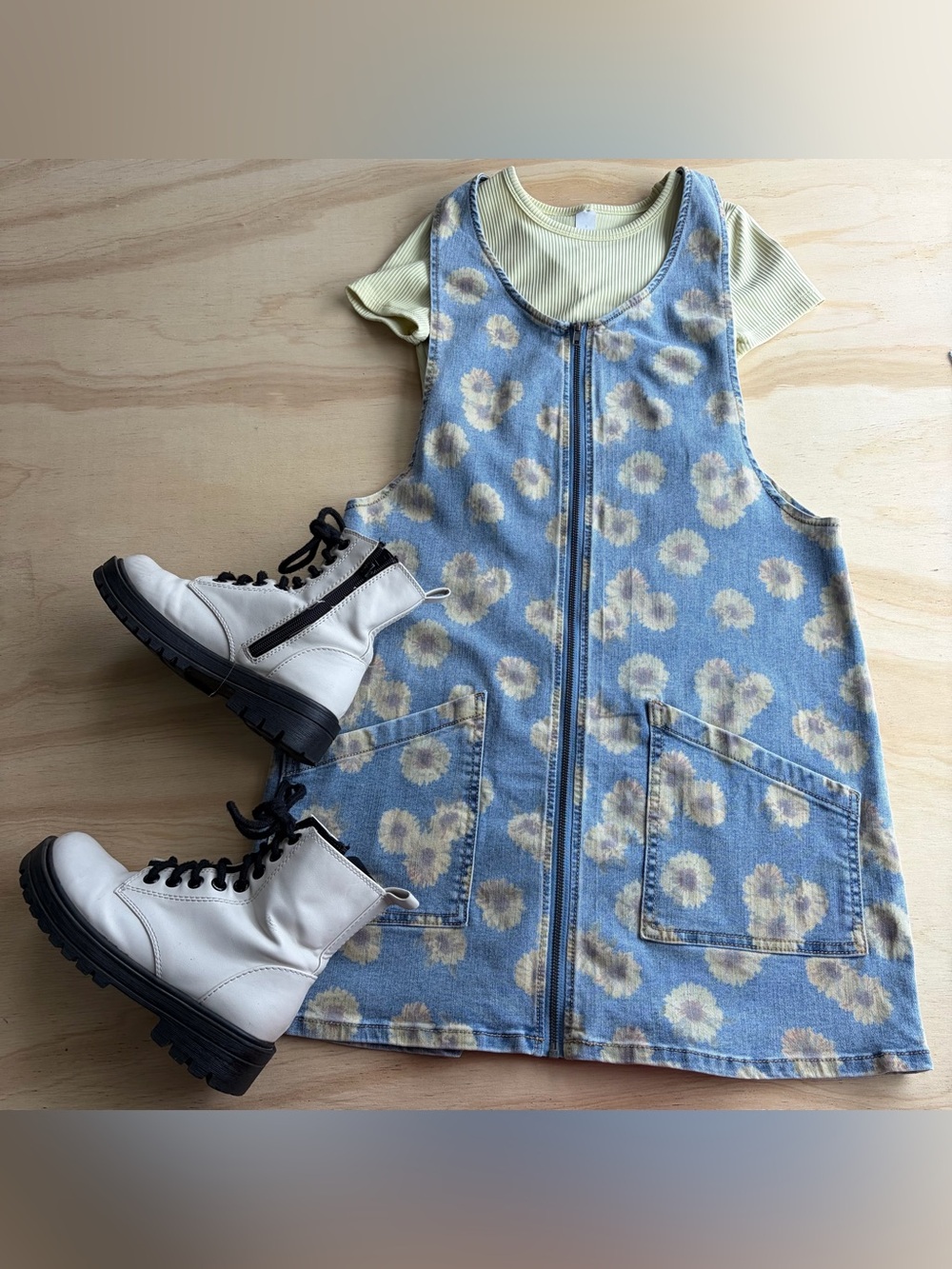 So Denim Floral Zip-Front Overall Dress Size M Sustainable Repreve Cotton Blend